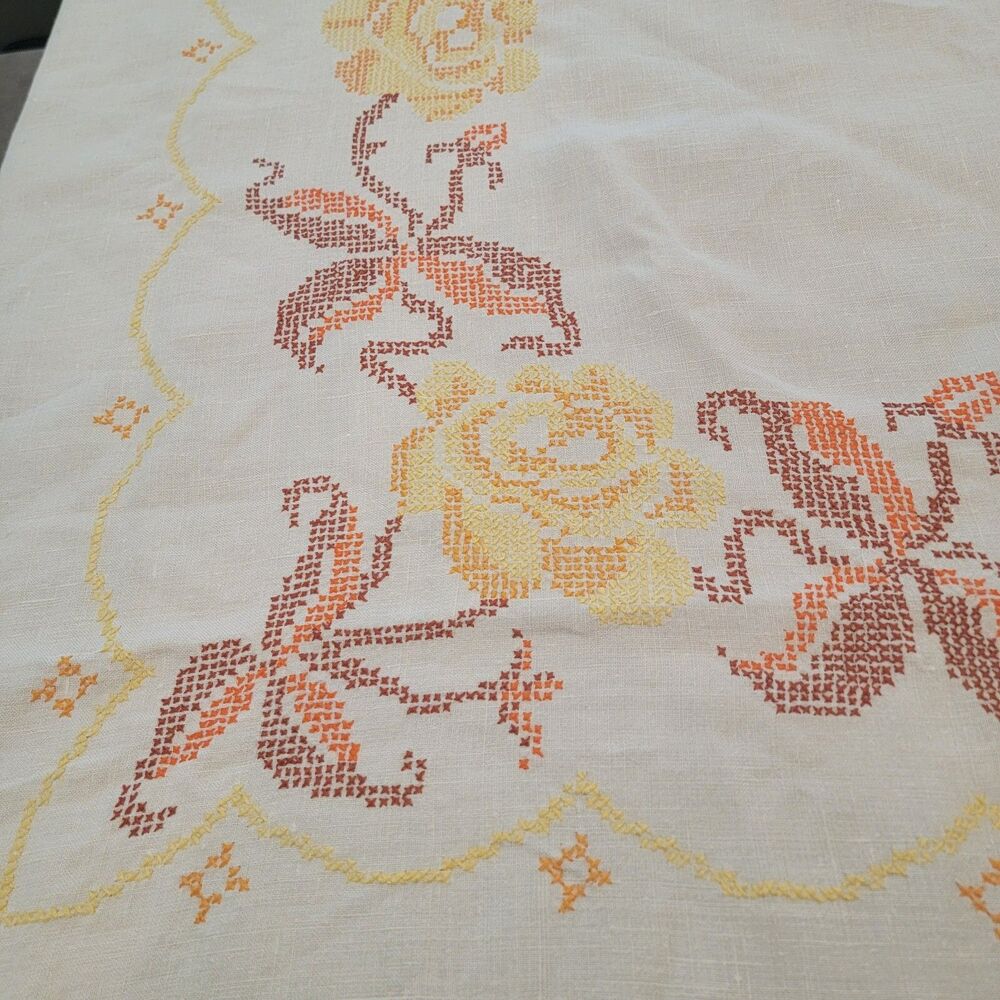 Vintage Linen White and Multicolor Tablecloth 84" x 69" - Picture 2 of 7